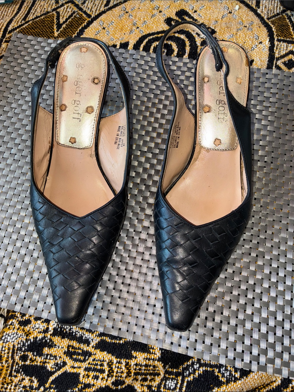Woven Leather Black Slingback Heels by